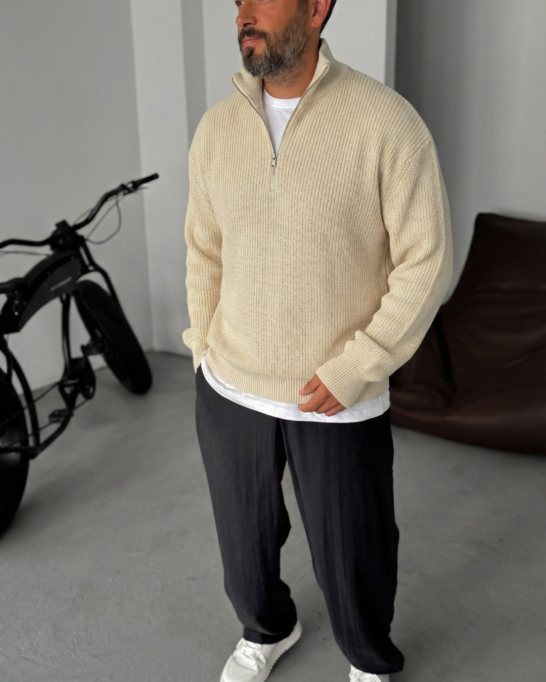 Premium Ribbed Quarter-Zip Knit Sweater - Beige