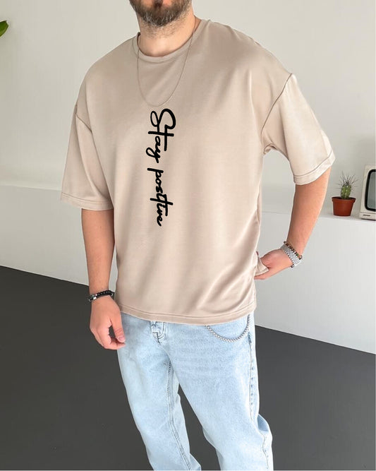 Beige "Stay Positive" Printed Oversize T-Shirt