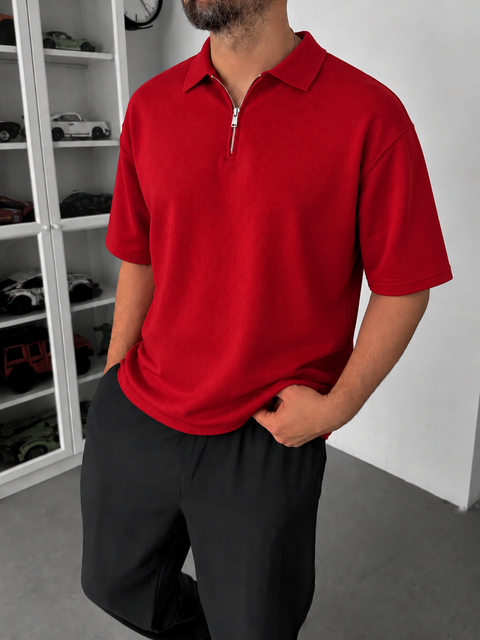Red Basic Half Zipper T-Shirt - Broek