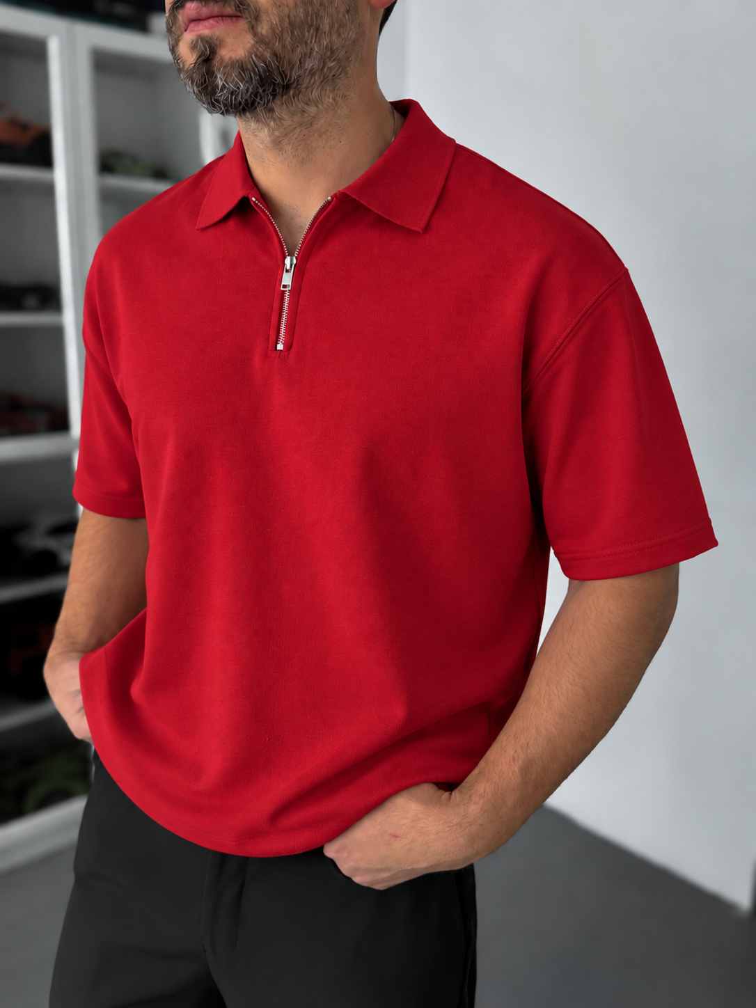 Red Basic Half Zipper T-Shirt - Broek