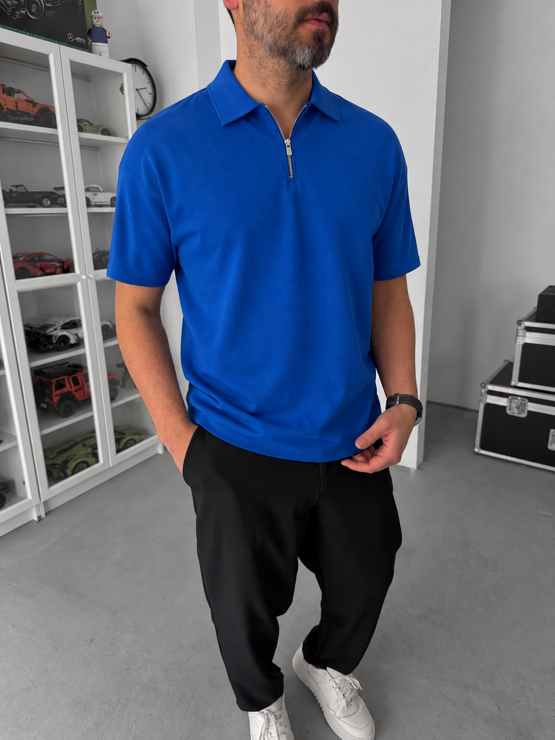 Blue Basic Half Zipper T-Shirt - Broek