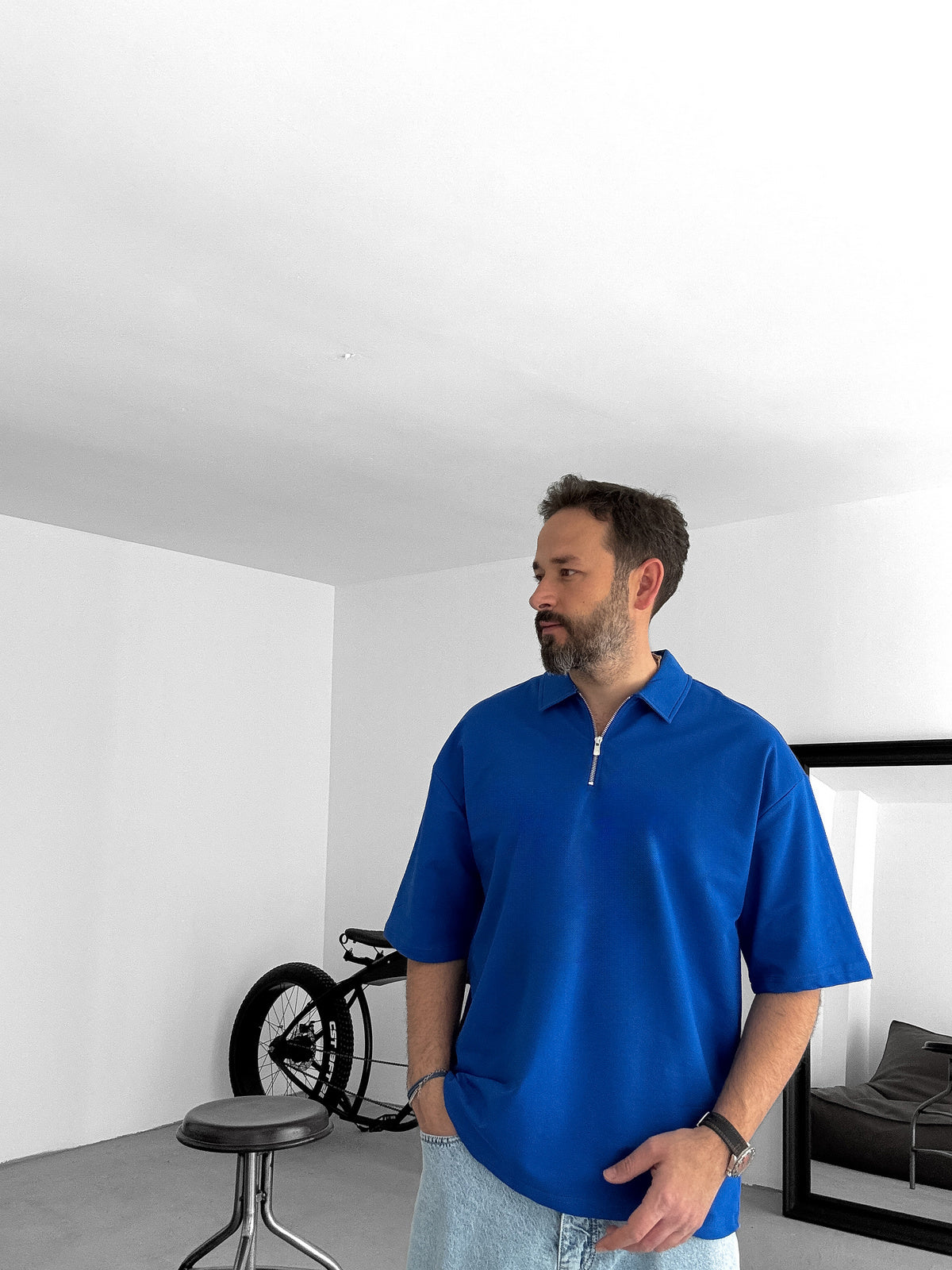 Blue Basic Half Zipper T-Shirt
