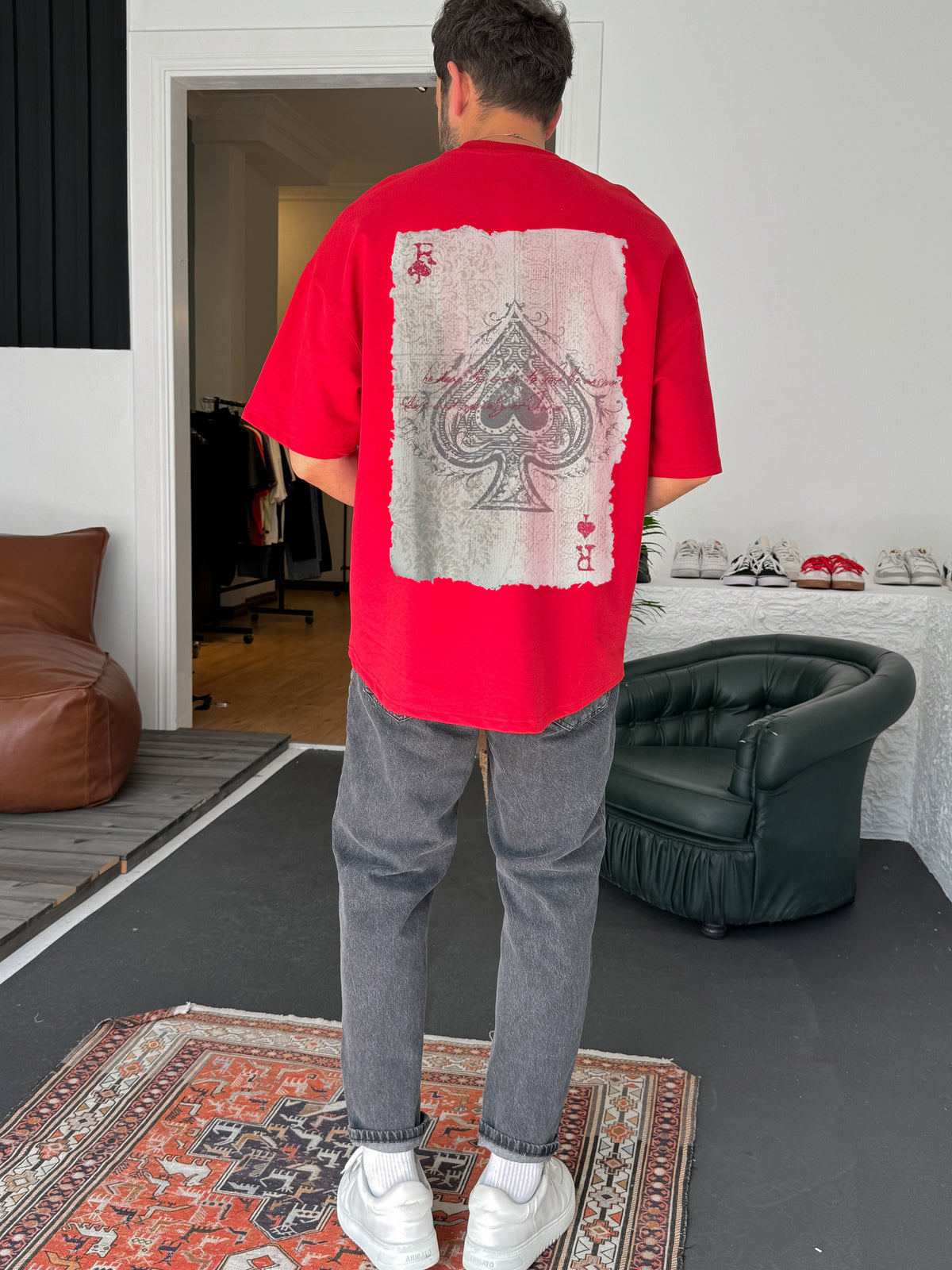Red "R of spades" printed Oversize T-Shirt