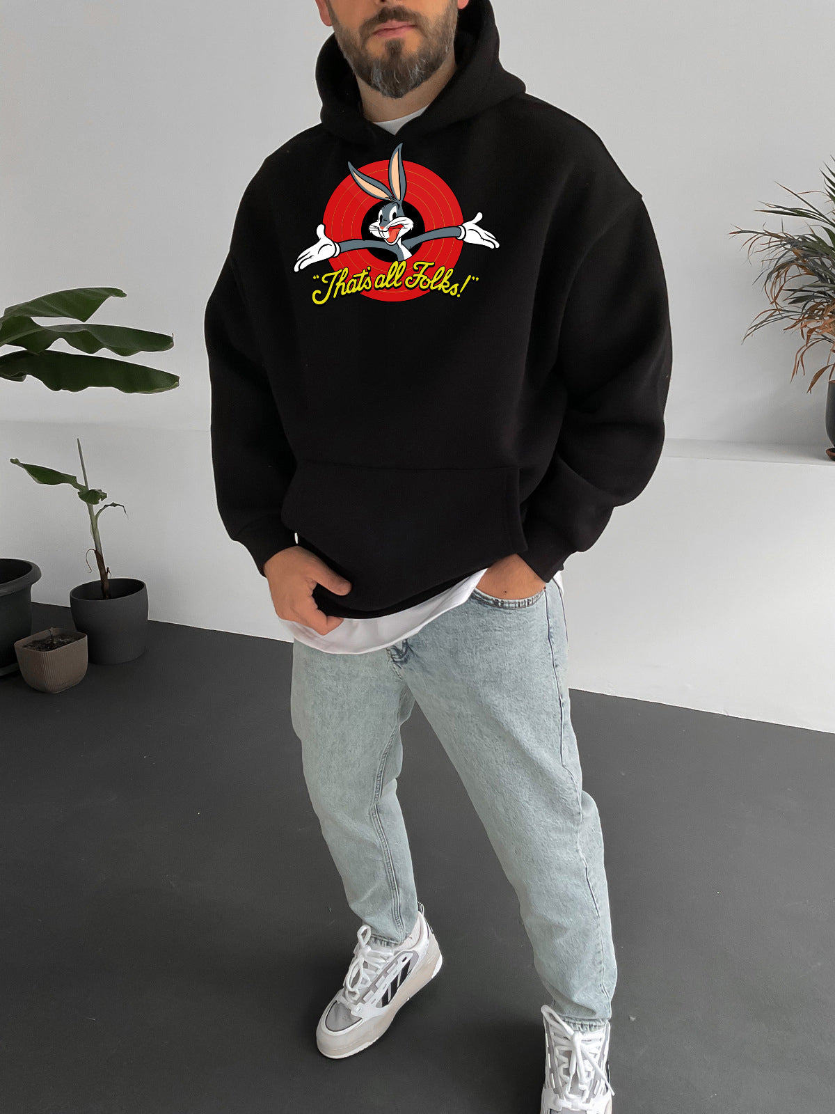 Black "that's-all-folks" Printed Oversize Hoodie