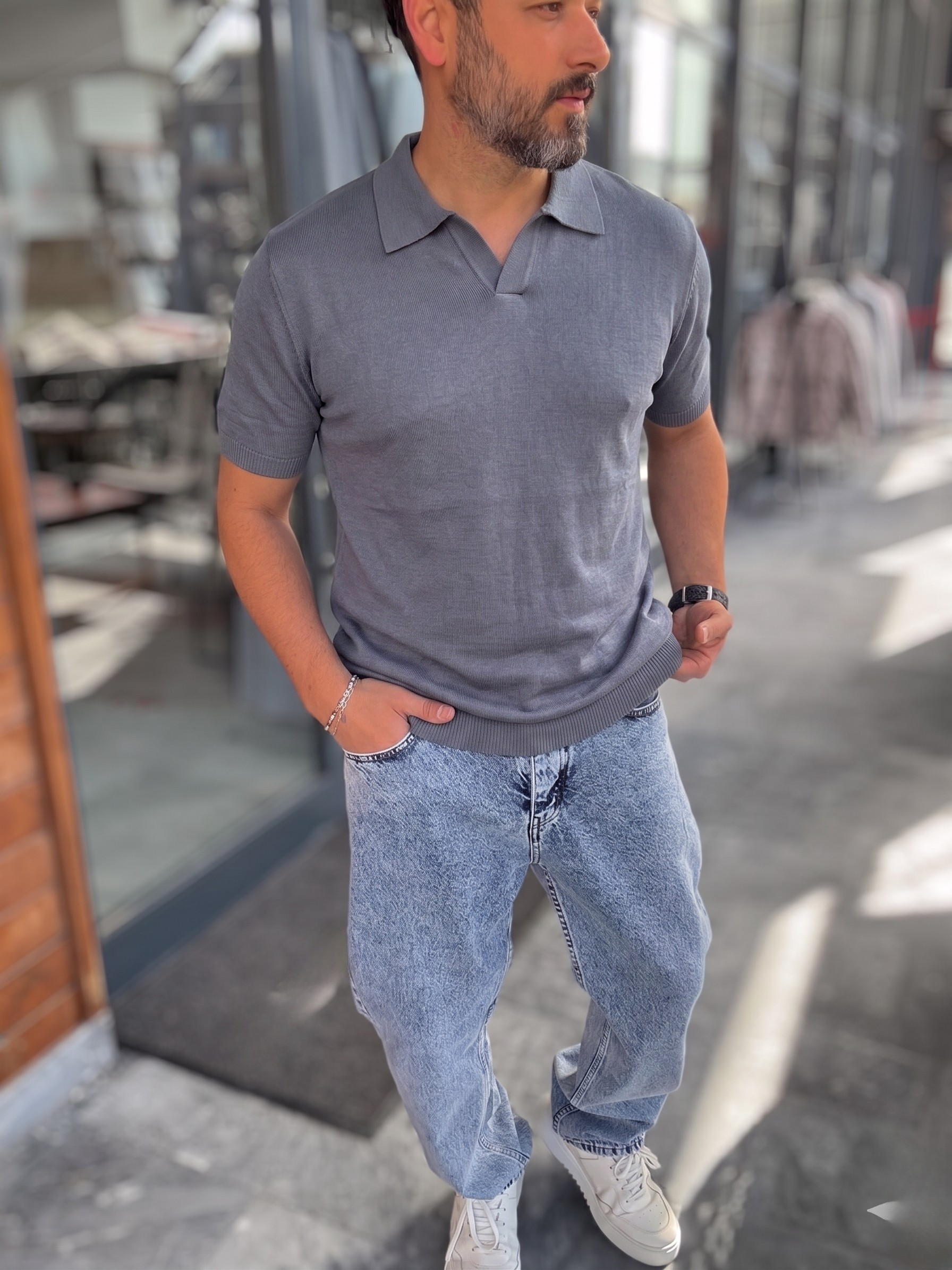 Knitted Polo T-Shirt – Dark Grey