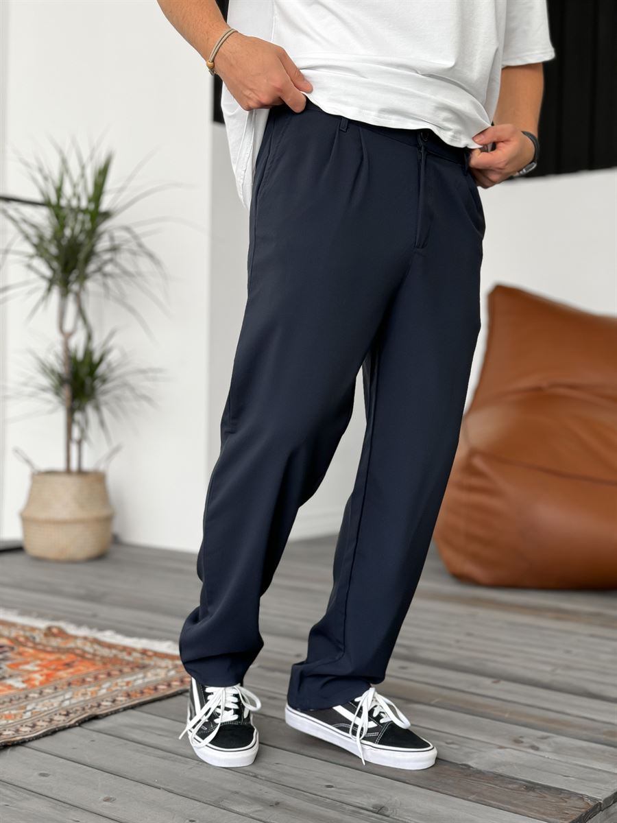 Wide Leg Chino Trousers - Navy Blue