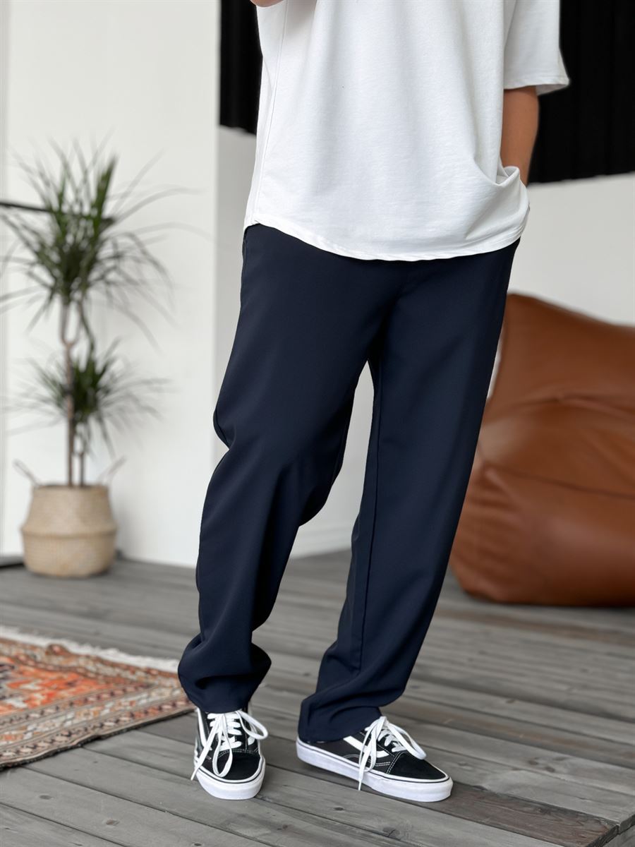 Wide Leg Chino Trousers - Navy Blue
