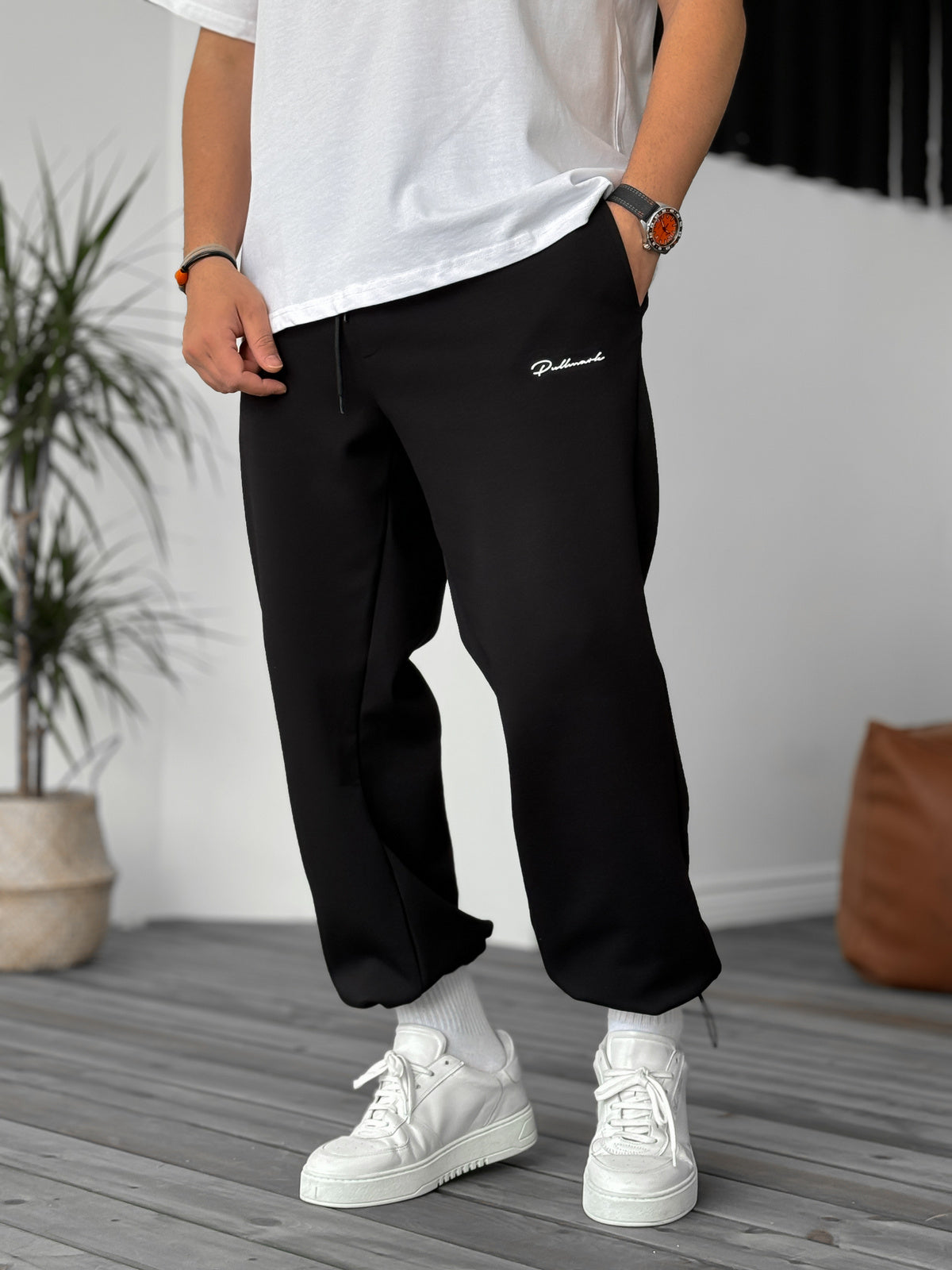 Black "PM" Printed Summer Sweatpants