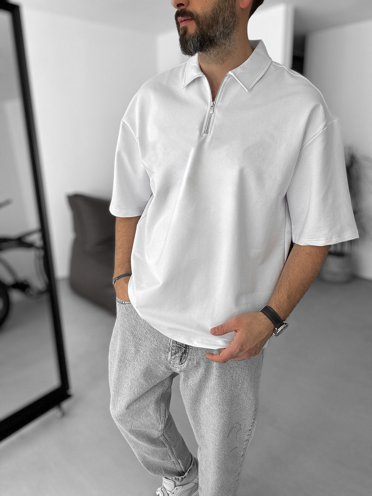 White Basic Half Zipper T-Shirt
