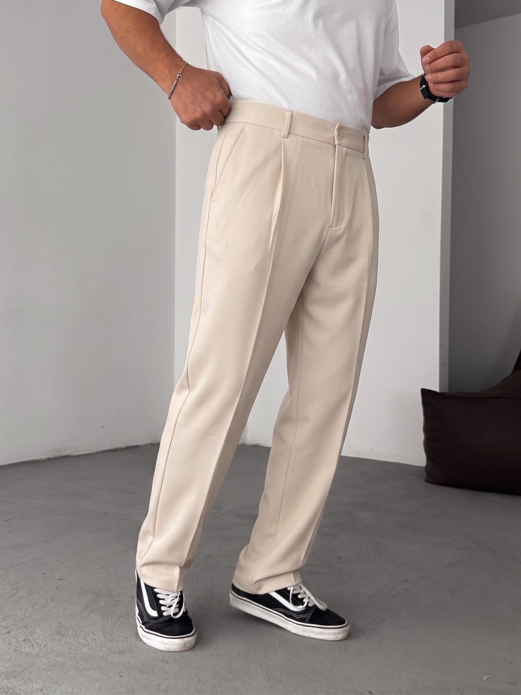 Wide Leg Chino Trousers - Beige