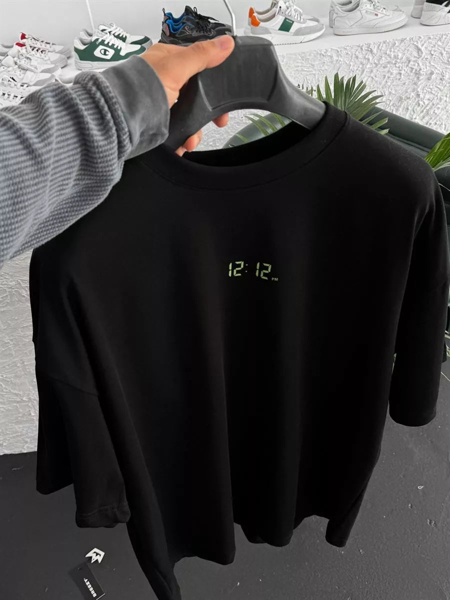 Black "12:12" Printed Oversize T-Shirt