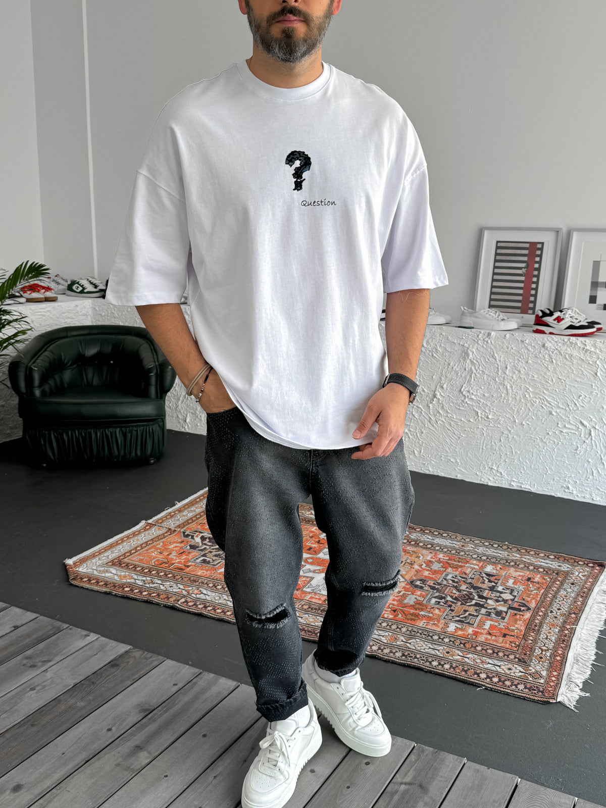 White "Question" Printed Oversize T-Shirt
