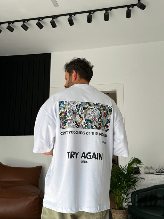White "Try Again" Printed Oversize T-Shirt
