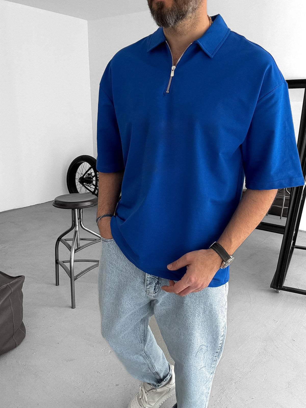 Blue Basic Half Zipper T-Shirt