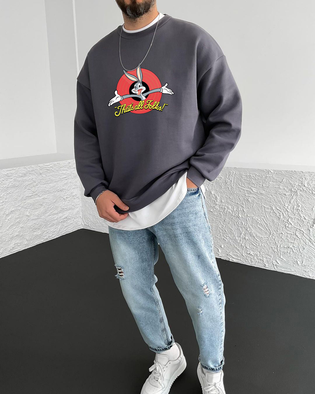 Smoked "that's-all-folks" Printed Oversize Sweatshirt