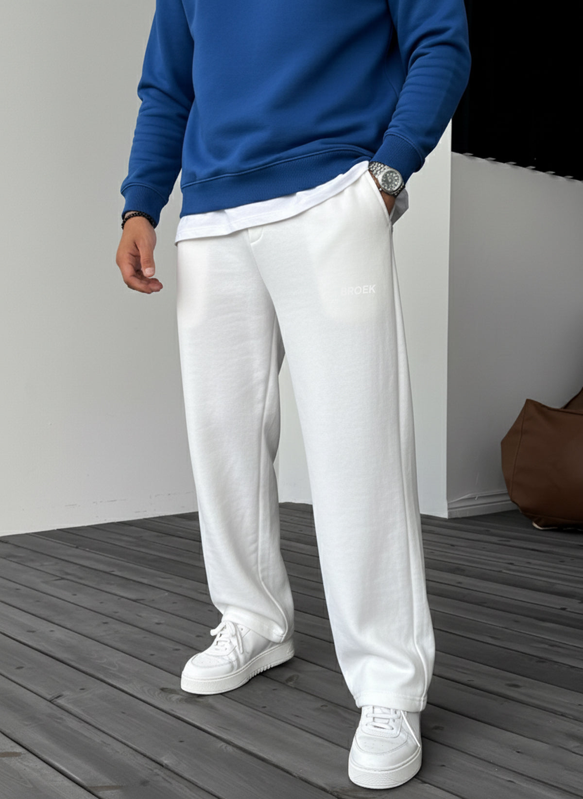 Wide-Leg Fleece Sweatpants - White Broek