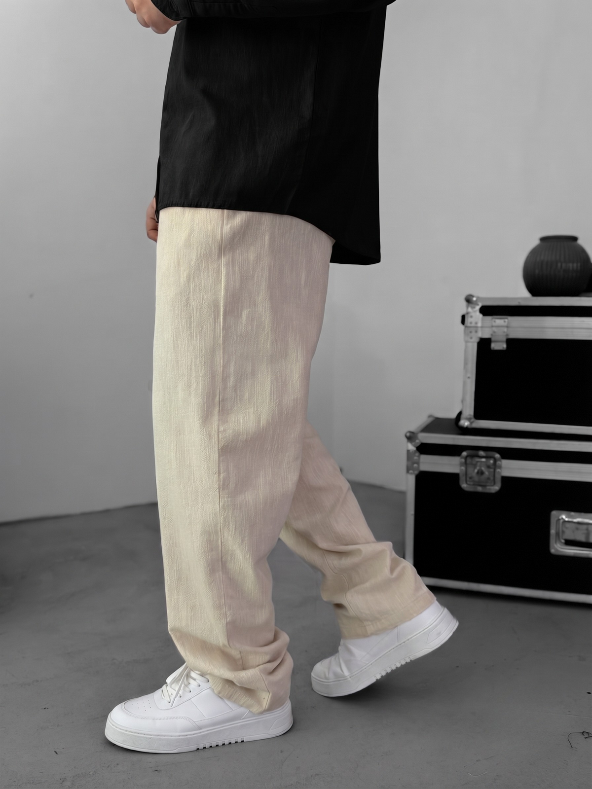 Muslin Wide-Leg Trousers — Beige