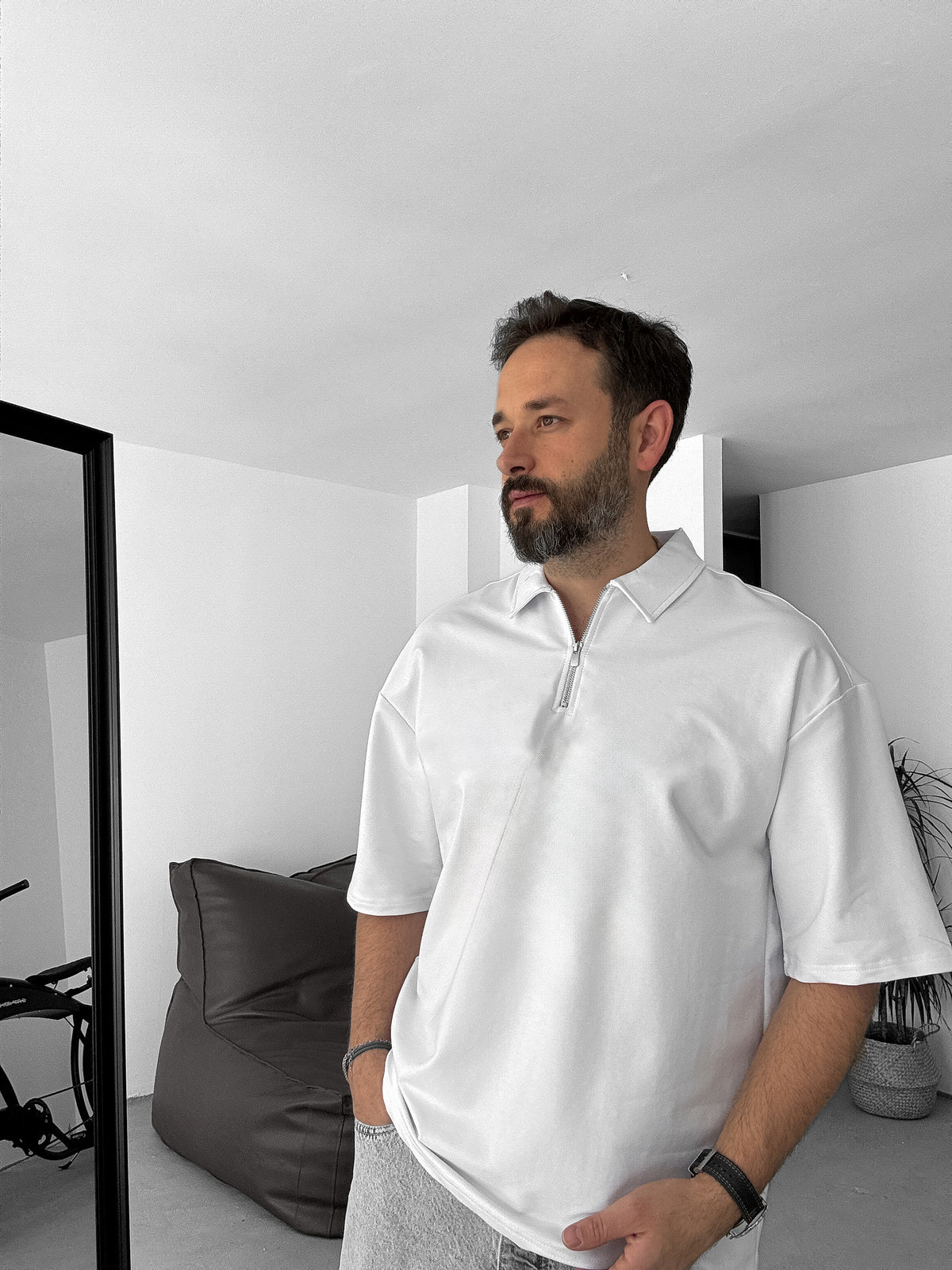 White Basic Half Zipper T-Shirt