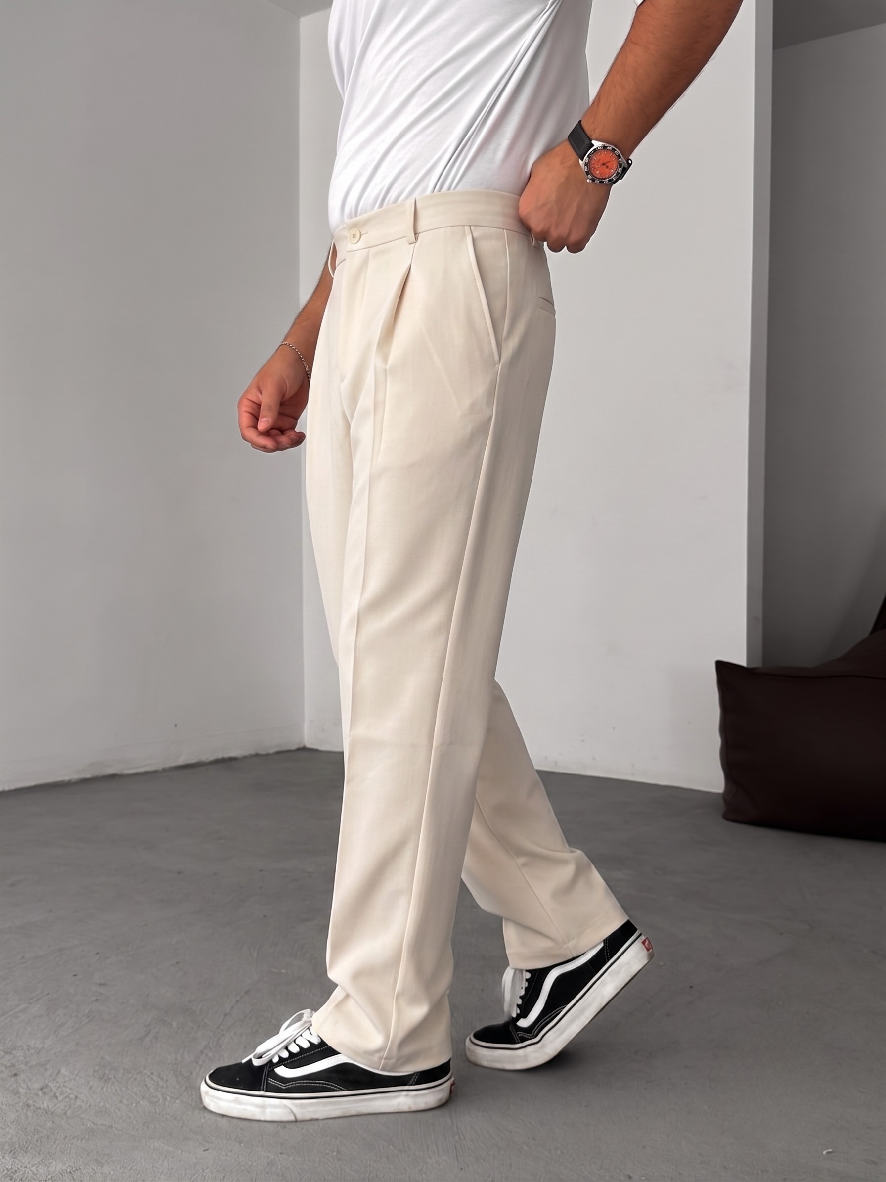 Wide Leg Chino Trousers - Beige