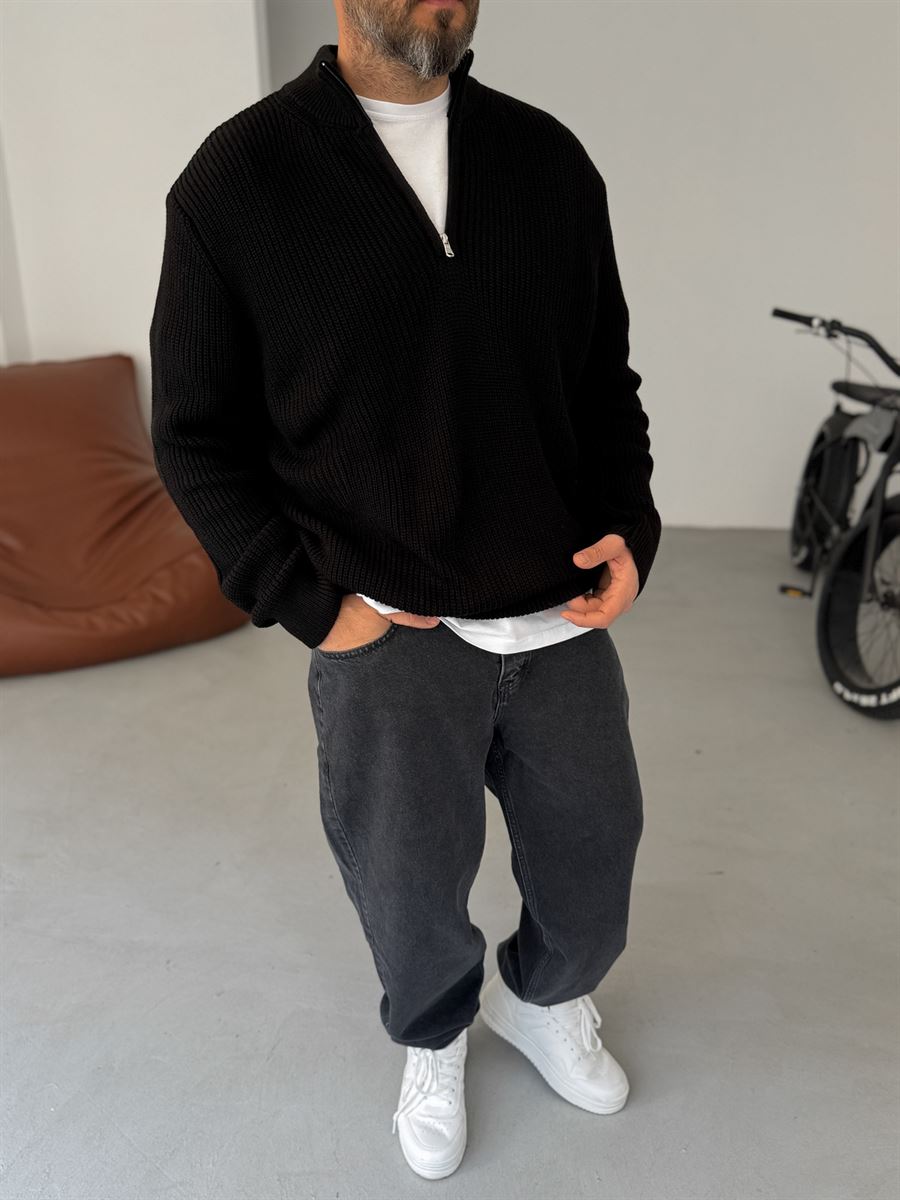 Premium Ribbed Quarter-Zip Knit Sweater - Black