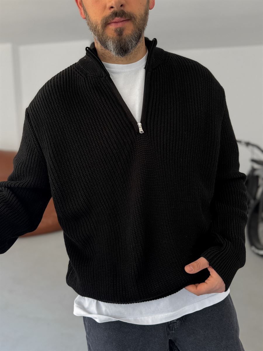 Premium Ribbed Quarter-Zip Knit Sweater - Black