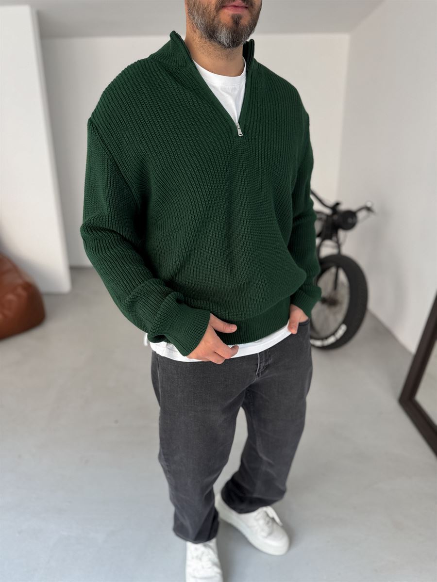 Premium Ribbed Quarter-Zip Knit Sweater - Dark Green