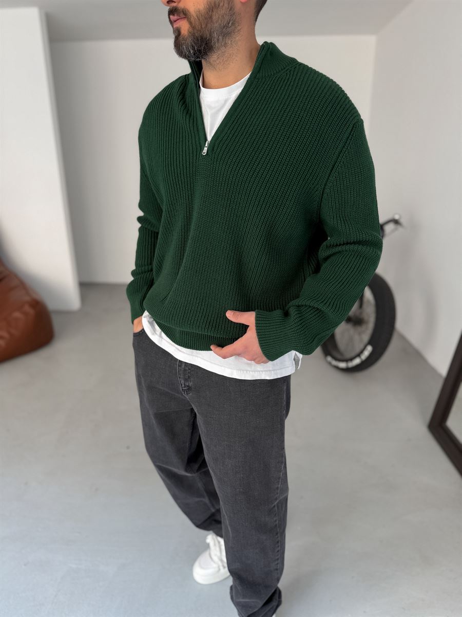 Premium Ribbed Quarter-Zip Knit Sweater - Dark Green