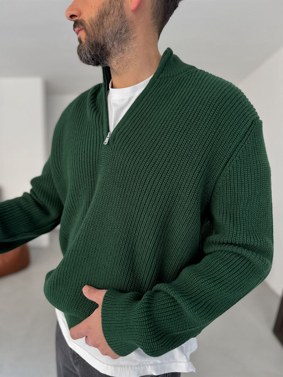 Premium Ribbed Quarter-Zip Knit Sweater - Dark Green