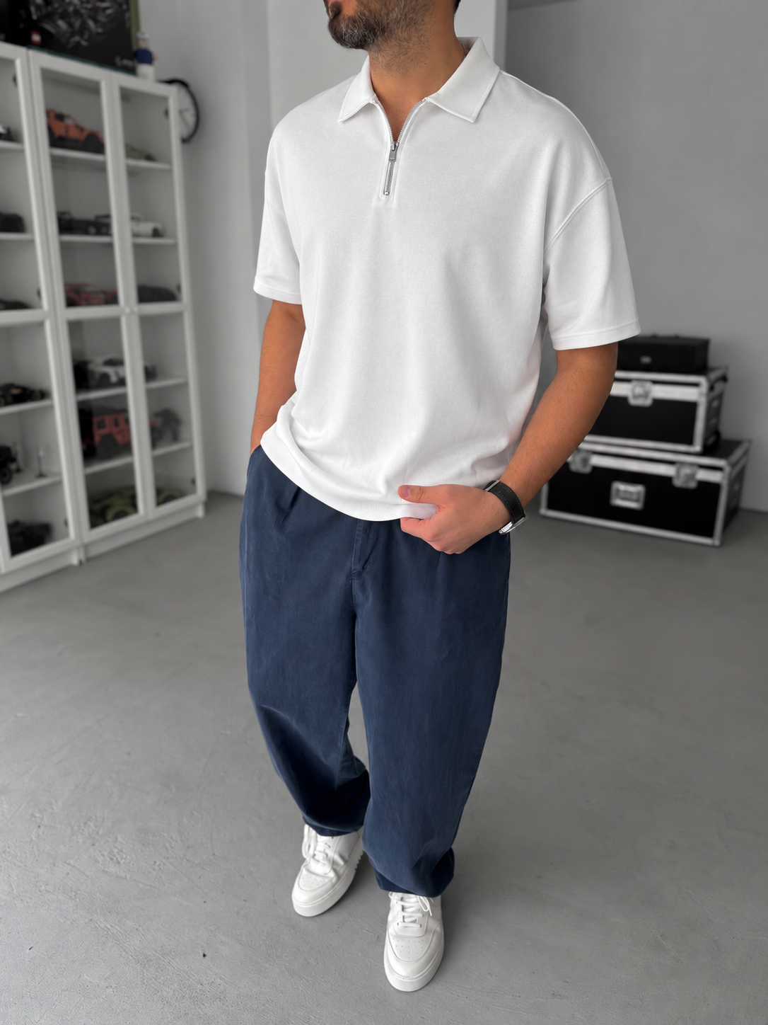 White Basic Half Zipper T-Shirt - Broek