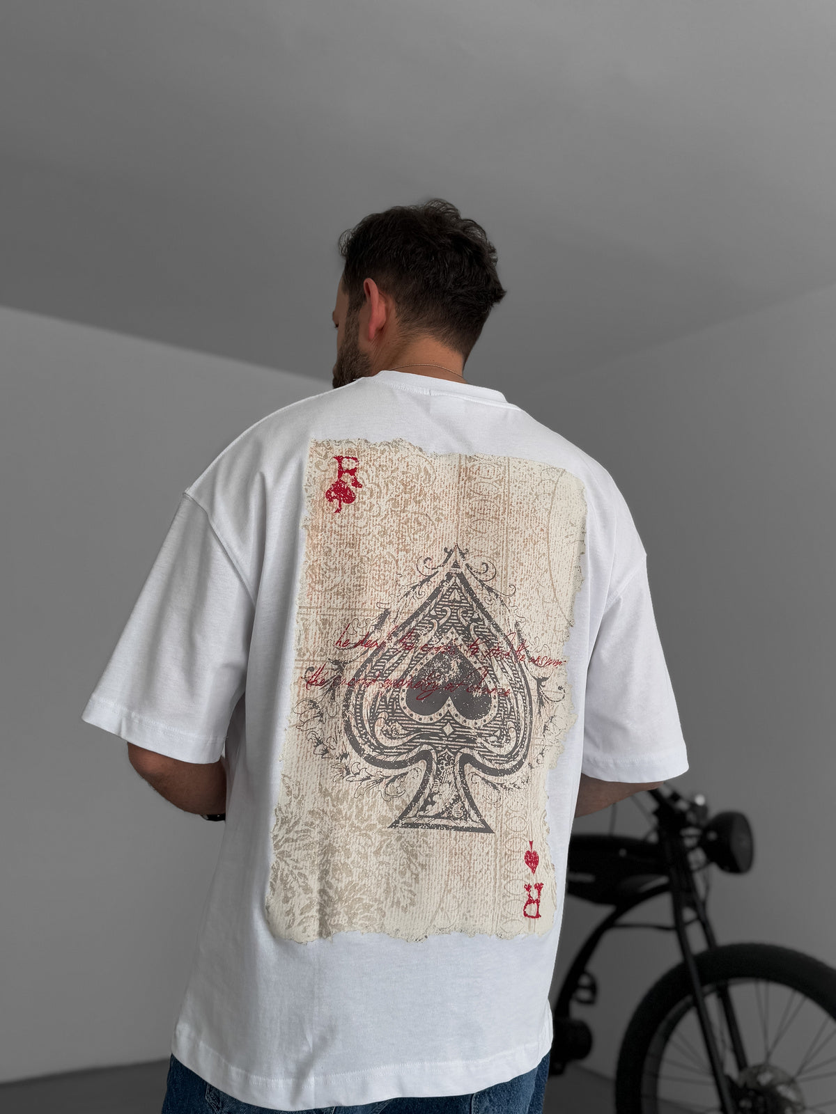 White "R of spades" printed Oversize T-Shirt