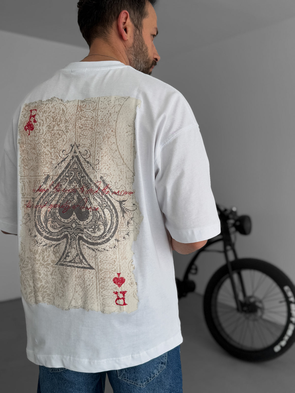 White "R of spades" printed Oversize T-Shirt