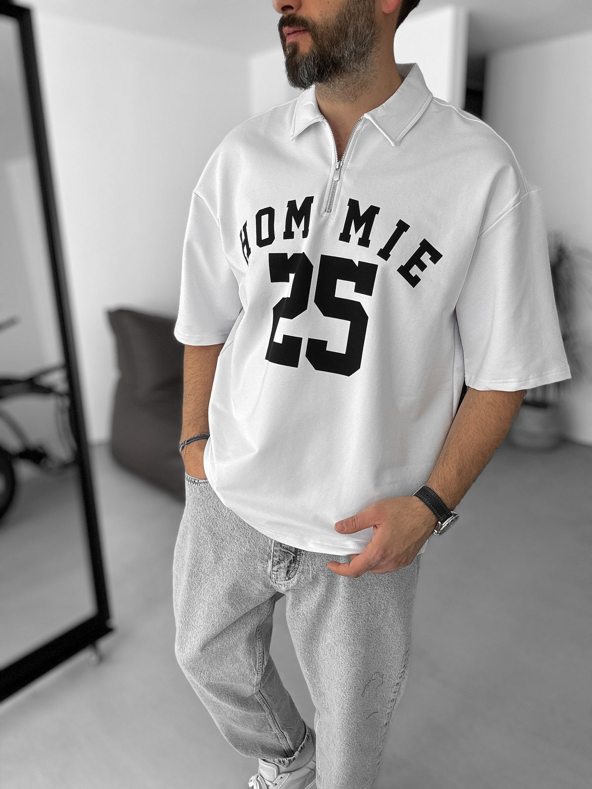 White 25 Printed Half Zipper T-Shirt