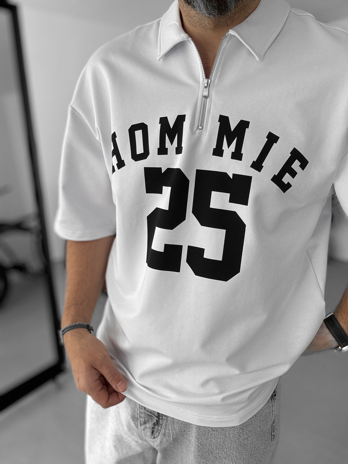 White 25 Printed Half Zipper T-Shirt