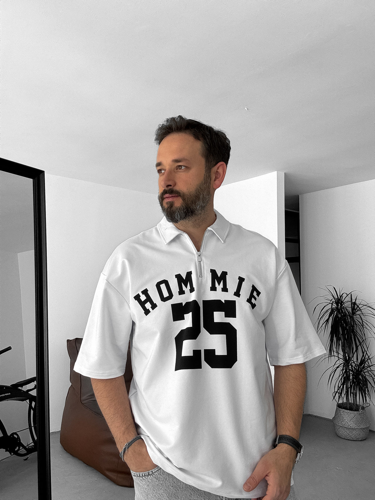 White 25 Printed Half Zipper T-Shirt