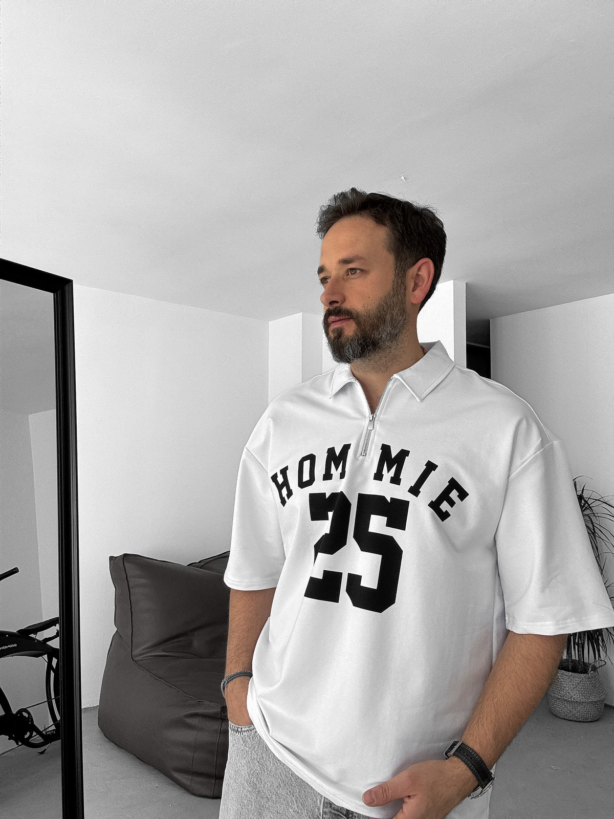 White 25 Printed Half Zipper T-Shirt