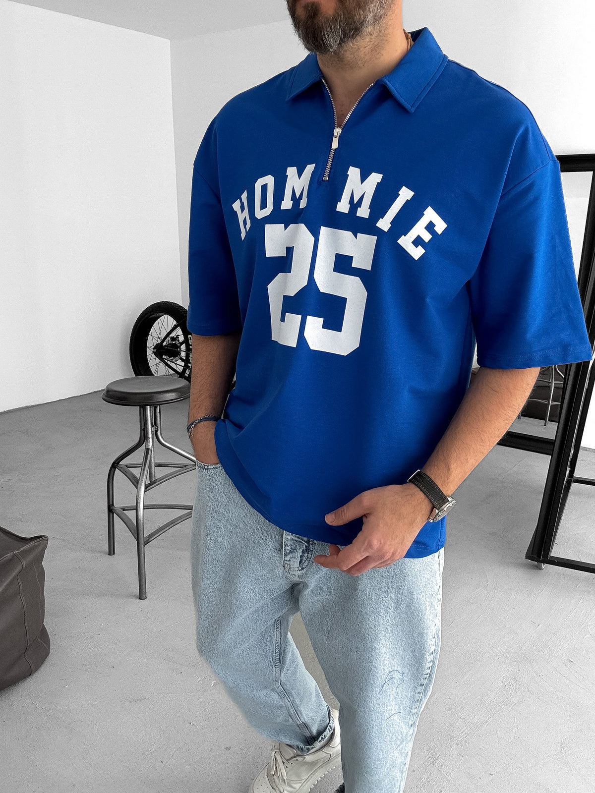 Blue 25 Printed Half Zipper T-Shirt