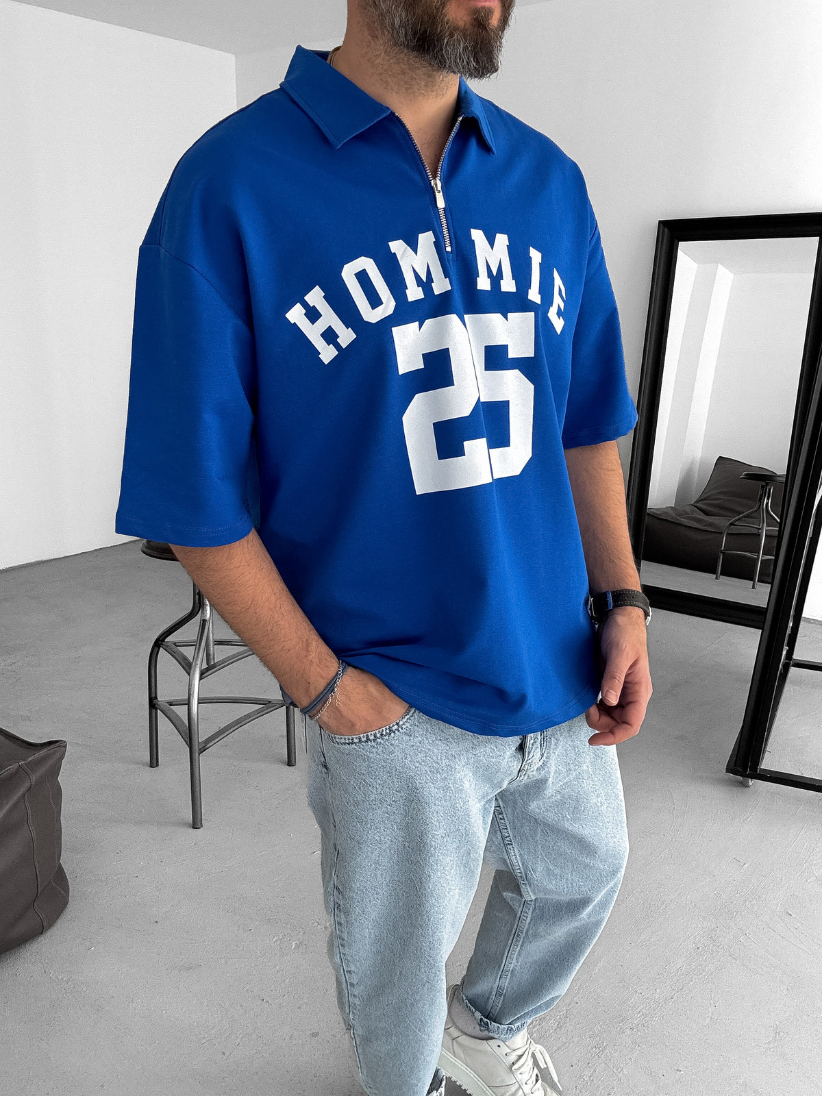 Blue 25 Printed Half Zipper T-Shirt