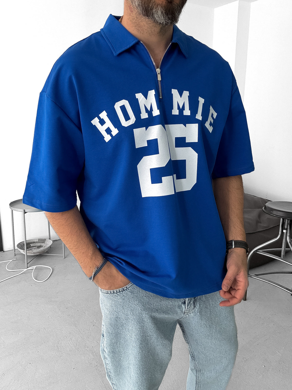 Blue 25 Printed Half Zipper T-Shirt