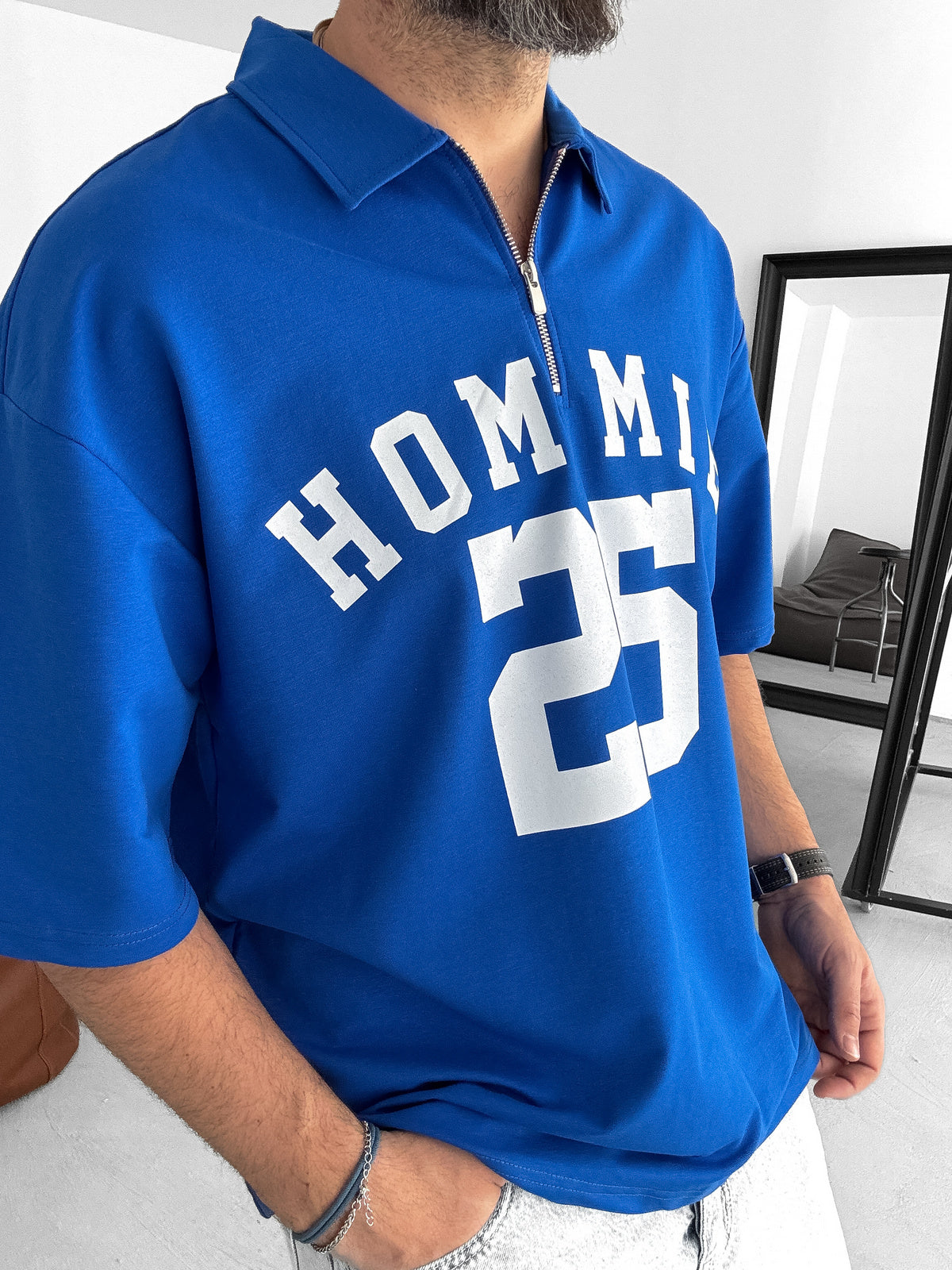 Blue 25 Printed Half Zipper T-Shirt