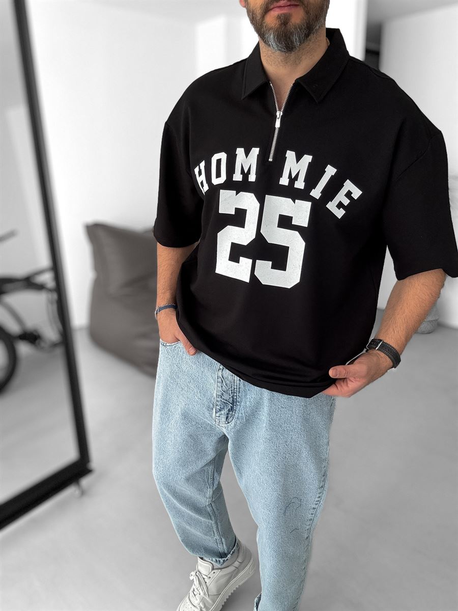 Black 25 Printed Half Zipper T-Shirt