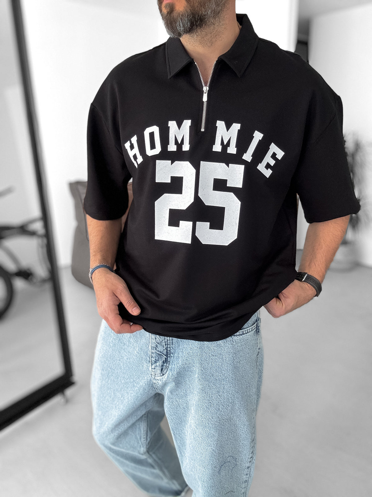Black 25 Printed Half Zipper T-Shirt