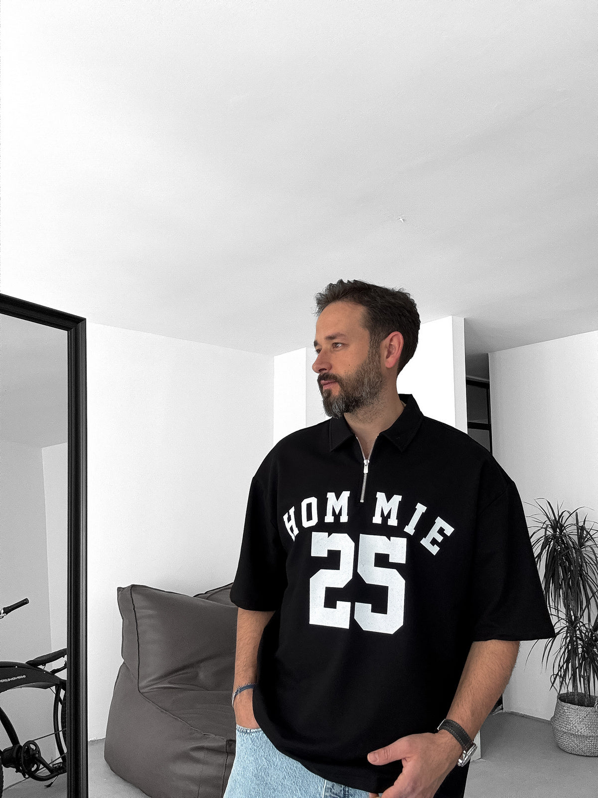 Black 25 Printed Half Zipper T-Shirt