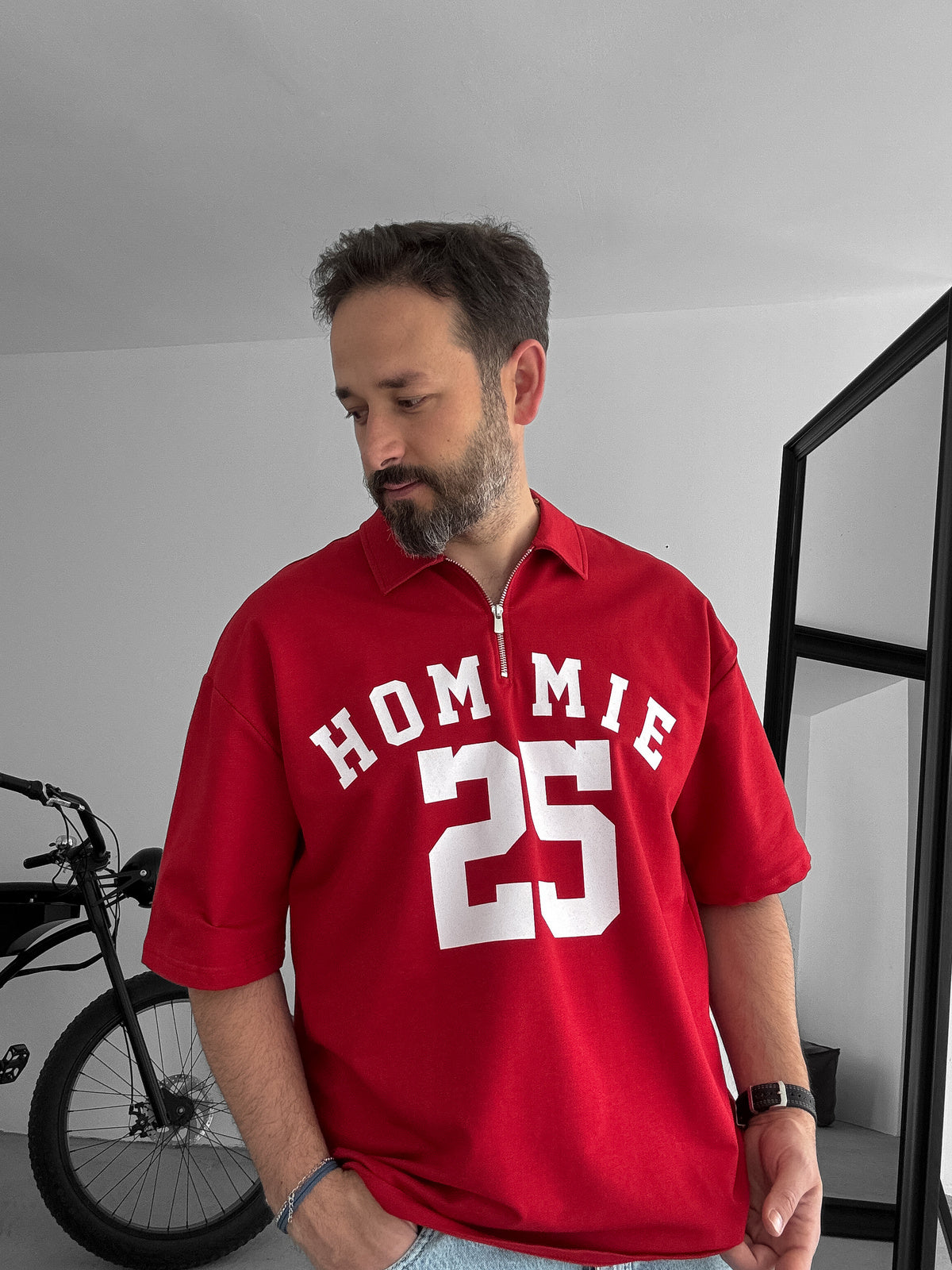 Red 25 Printed Half Zipper T-Shirt