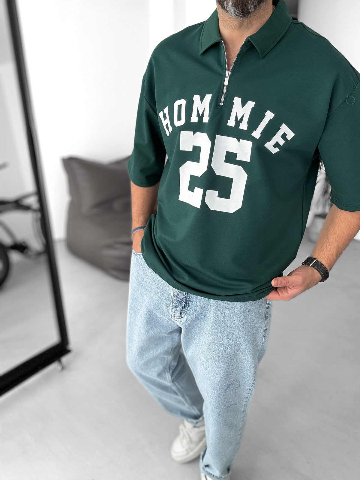 Olive-Green 25 Printed Half Zipper T-Shirt