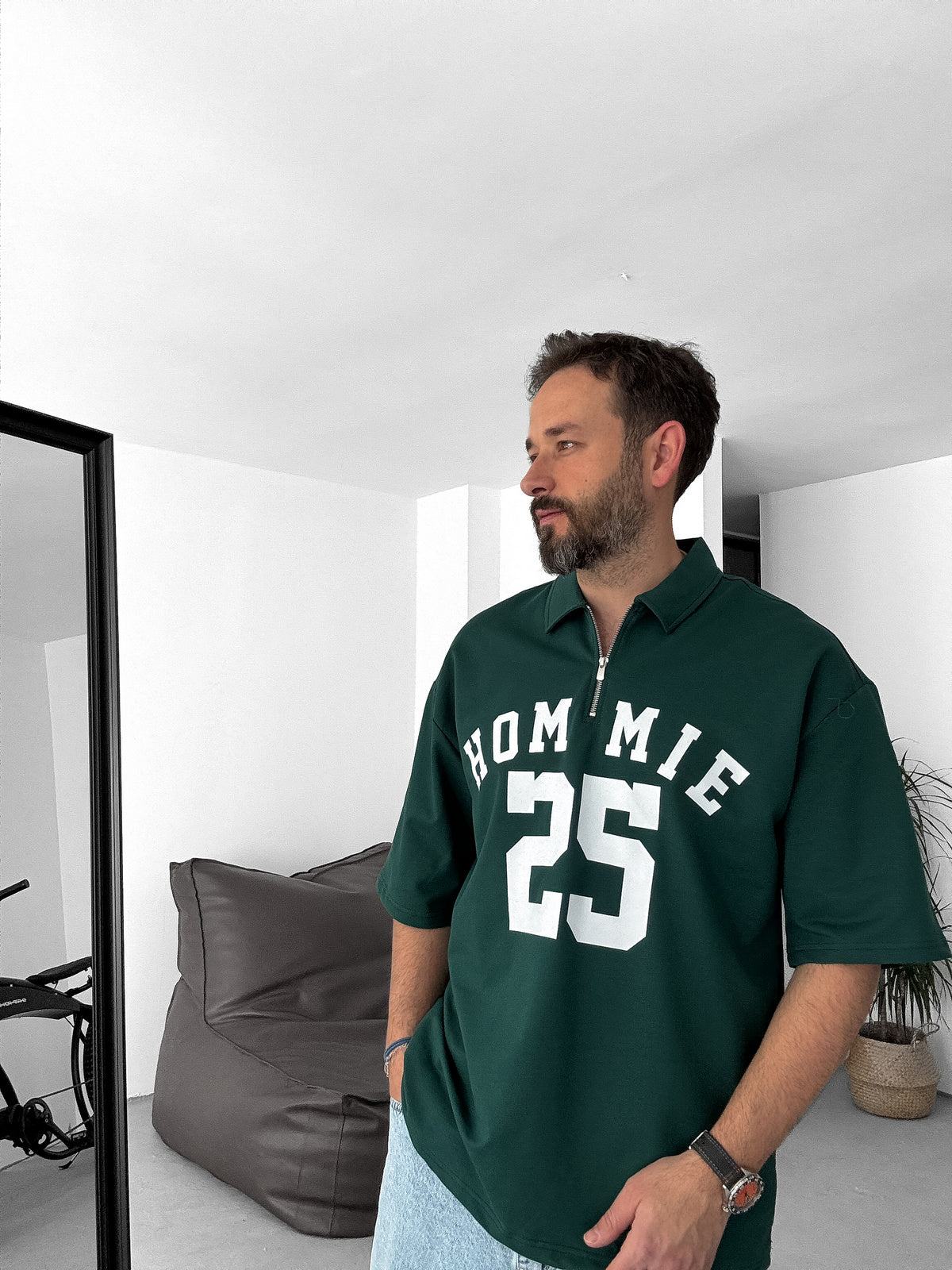 Olive-Green 25 Printed Half Zipper T-Shirt