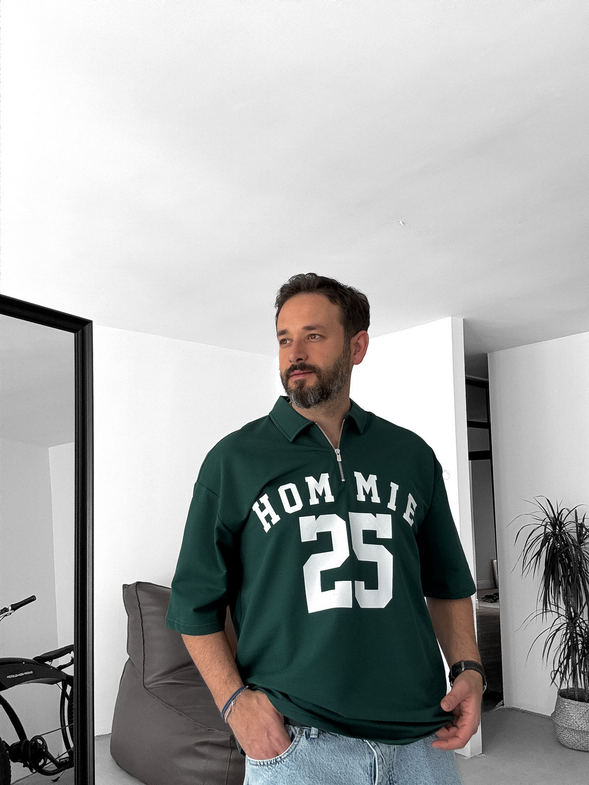Olive-Green 25 Printed Half Zipper T-Shirt