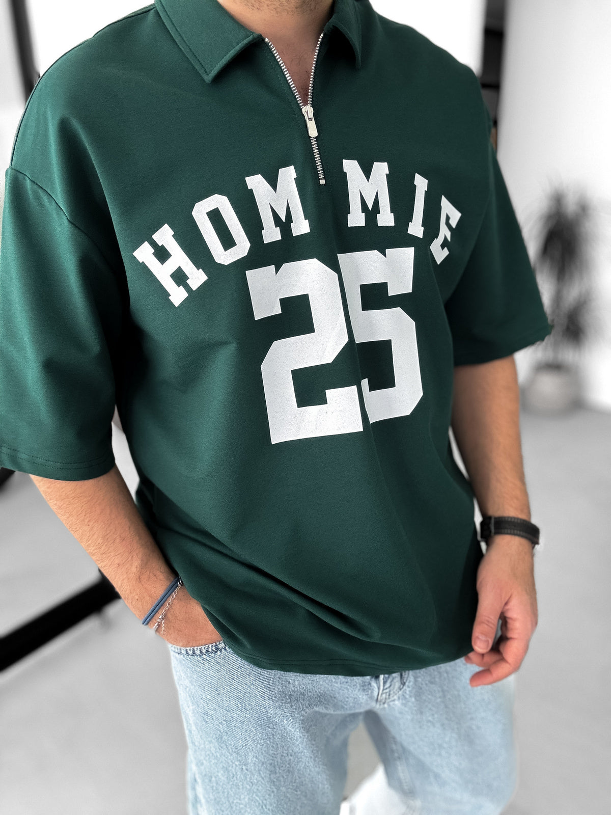 Olive-Green 25 Printed Half Zipper T-Shirt