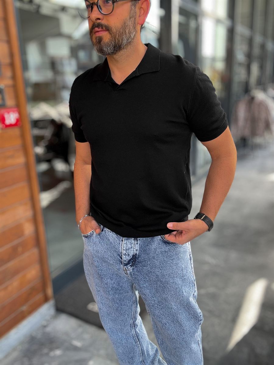 Knitted Polo T-Shirt – Black