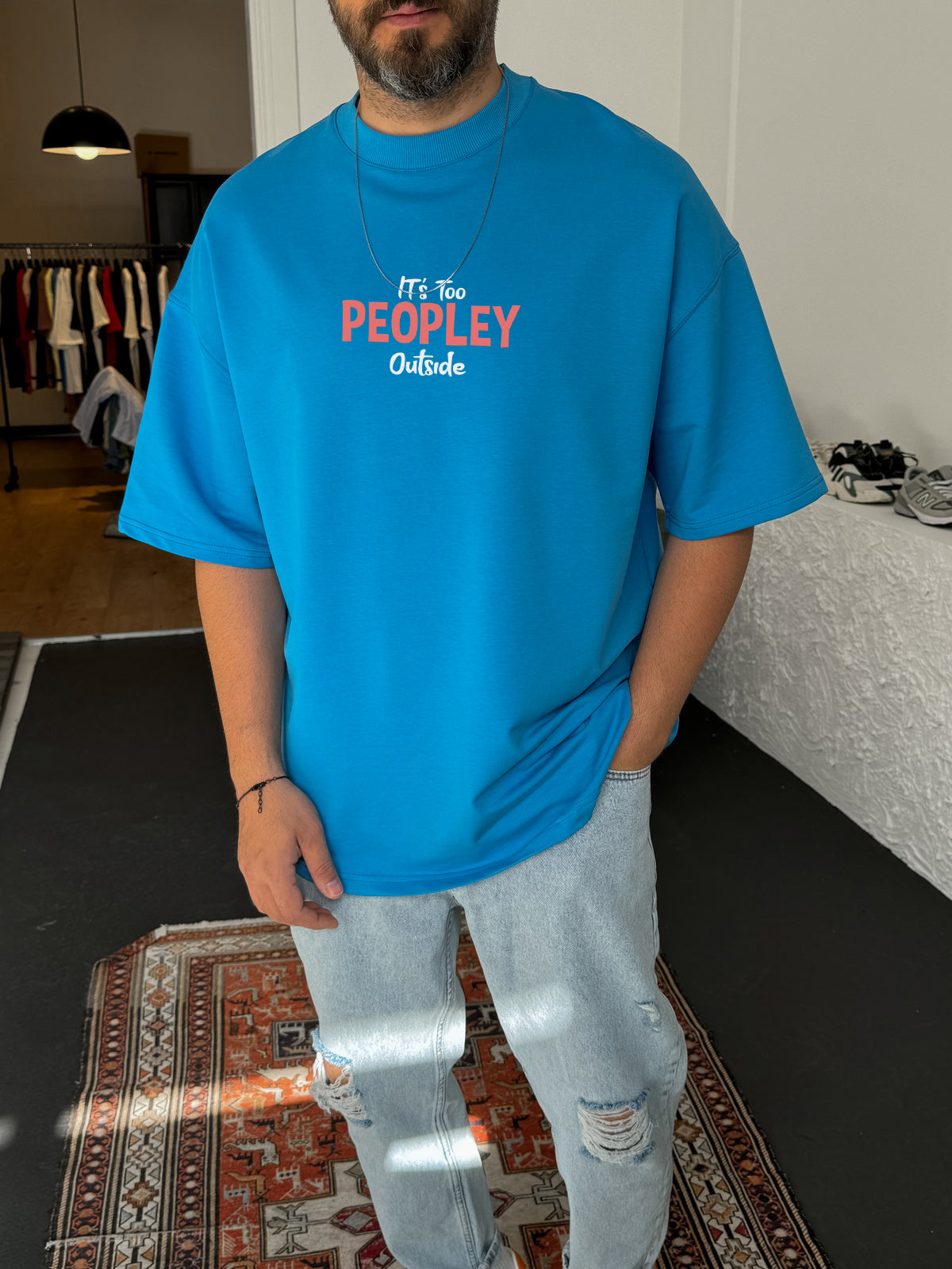 Sky Blue "It's Too Peoply" Printed Oversize T-Shirt