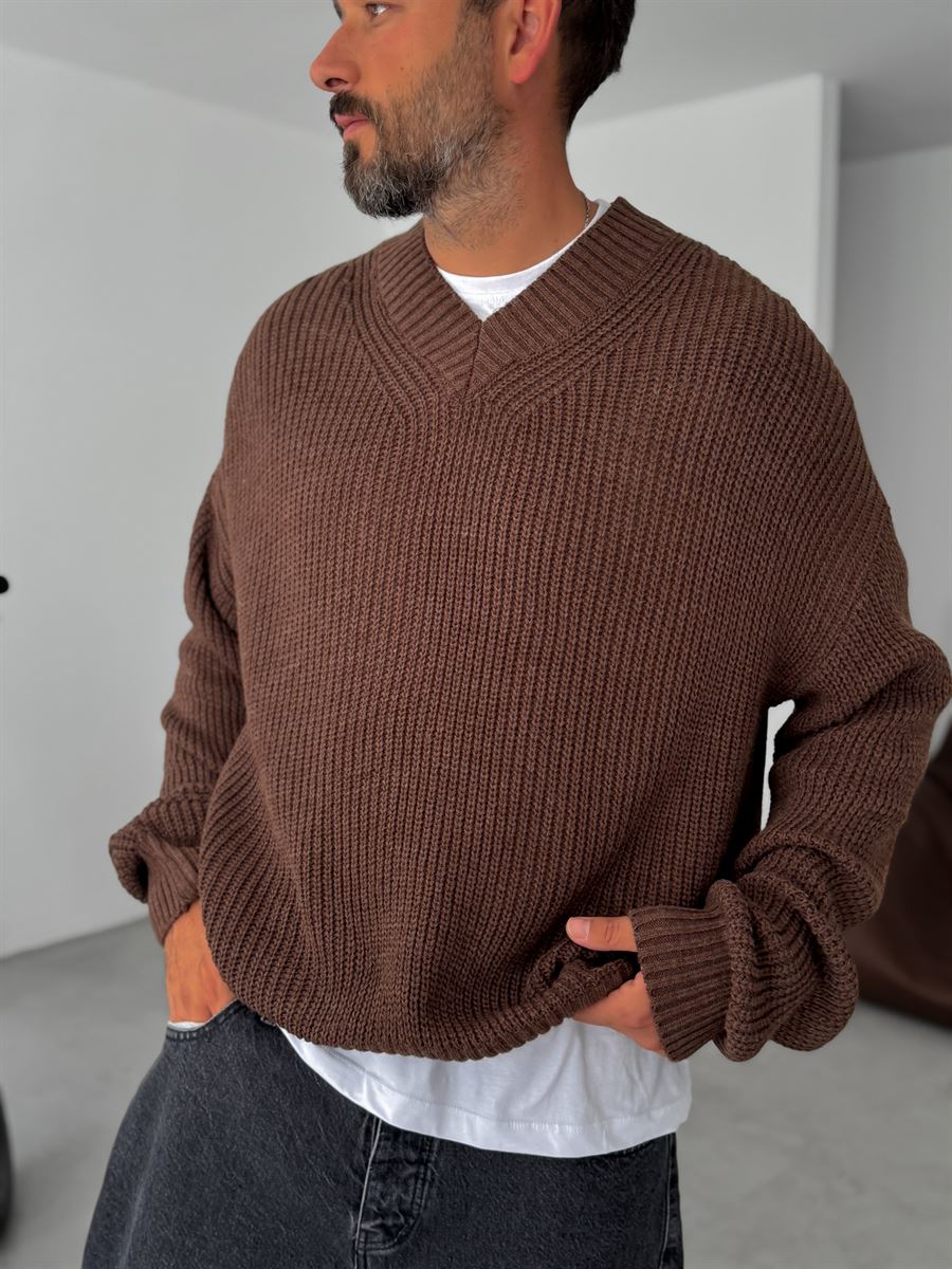 Premium Knitted V-Neck Sweater - Brown